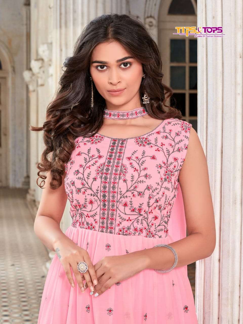 Tips And Tops-malishka-fabrics-georgette-embroidery-work-kurti- With-inner- Sequecne -fancy-side Zip-pant- Premium Georgette-dupatta-103-c